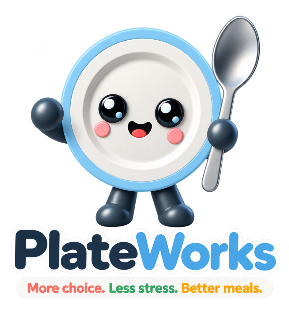 A cartoon plate with a smiling face holding a spook